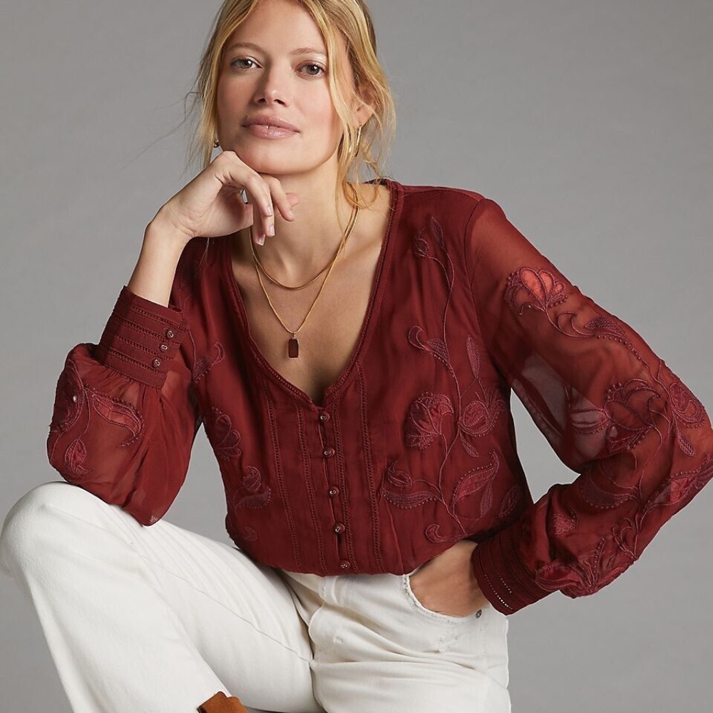 COPY - Anthropologie Embroidered Floral Buttondown Blouse Sz. M